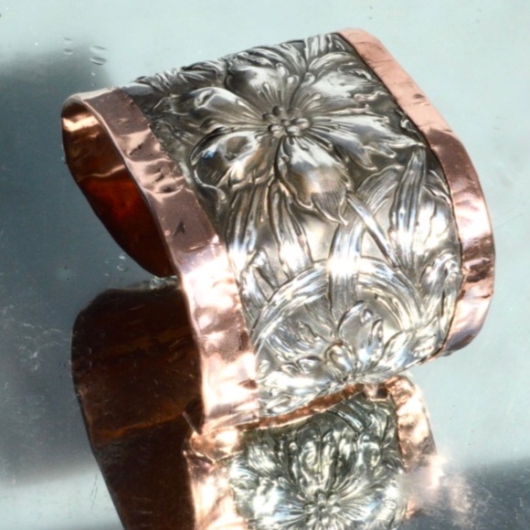 Antique Floral Sterling Silver Copper Cuff Unger - Picture 6 of 7